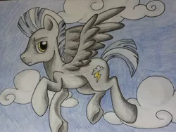 Size: 960x720 | Tagged: safe, artist:deadliestvenom, derpibooru import, thunderlane, pegasus, pony, cute, flying, frown, looking at you, male, solo, stallion, traditional art