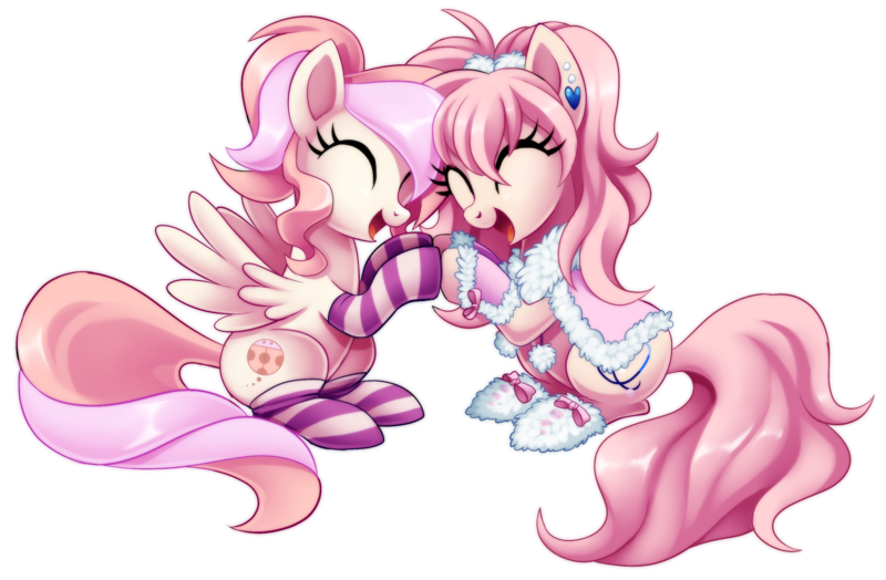 Size: 2674x1750 | Tagged: safe, artist:centchi, derpibooru import, oc, oc:cuddle bug, oc:pompom merengue, unofficial characters only, earth pony, pegasus, pony, clothes, eyes closed, socks, spread wings, striped socks, wings