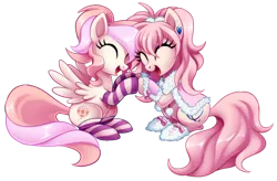 Size: 2674x1750 | Tagged: safe, artist:centchi, derpibooru import, oc, oc:cuddle bug, oc:pompom merengue, unofficial characters only, earth pony, pegasus, pony, clothes, eyes closed, socks, spread wings, striped socks, wings