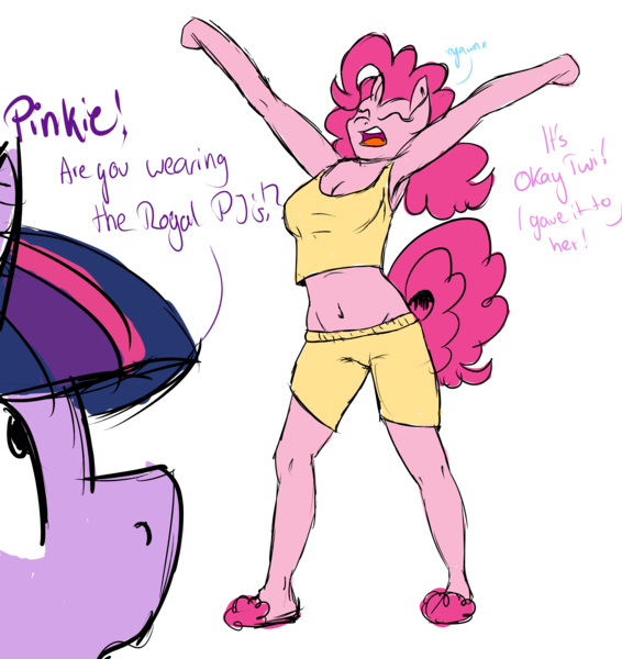 Size: 5000x5300 | Tagged: absurd resolution, anthro, armpits, artist:lisa400, belly button, cleavage, clothes, derpibooru import, dialogue, female, lesbian, midriff, pinkielestia, pinkie pie, princess celestia, safe, shipping, sketch, stretching, tanktop, twilight sparkle, yawn