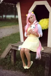Size: 2212x3318 | Tagged: artist:sewingintherain, clothes, cosplay, costume, derpibooru import, dress, fluttershy, human, irl, irl human, photo, safe, solo