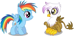 Size: 12206x6000 | Tagged: safe, artist:glancojusticar, artist:mactavish1996, derpibooru import, gilda, rainbow dash, gryphon, absurd resolution, chick, chickub, cute, daaaaaaaaaaaw, dashabetes, filly, filly rainbow dash, frown, gildadorable, image, li'l gilda, png, sad, shy, simple background, sitting, smiling, transparent background, vector, younger