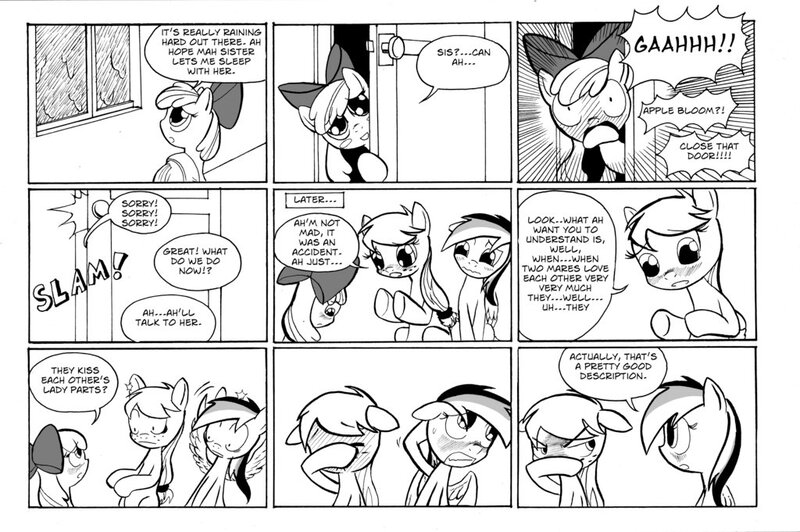 Size: 1024x681 | Tagged: suggestive, artist:leon-z, derpibooru import, apple bloom, applejack, rainbow dash, earth pony, pegasus, pony, comic:appledash sour sweetness, appledash, awkward moment, caught, comic, female, filly, implied cunnilingus, implied oral, implied sex, lesbian, mare, monochrome, shipping, wingboner