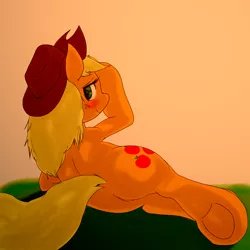 Size: 1500x1500 | Tagged: safe, artist:ushiro no kukan, derpibooru import, applejack, earth pony, pony, butt, dock, female, looking back, mare, pixiv, plot, side, smiling, solo, underhoof