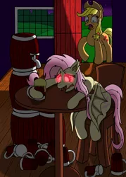 Size: 2496x3484 | Tagged: applejack, artist:heartshielder1991, barrel, cider, derpibooru import, drunk, drunkershy, flutterbat, fluttershy, safe