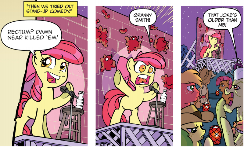 Size: 940x565 | Tagged: safe, derpibooru import, edit, idw, apple bloom, babs seed, big macintosh, granny smith, earth pony, pony, friends forever, spoiler:comic, spoiler:comicff2, apple, apple bloom's bad joke, exploitable meme, image macro, male, meme, microphone, stage, stallion, stand-up comedy, stool, water bottle