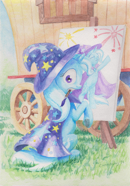 Size: 718x1024 | Tagged: safe, artist:cannibalus, derpibooru import, trixie, pony, unicorn, female, looking back, mare, mouth hold, paintbrush, sitting, solo, traditional art, watercolor painting