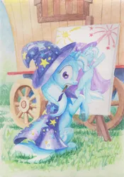 Size: 718x1024 | Tagged: safe, artist:cannibalus, derpibooru import, trixie, pony, unicorn, female, looking back, mare, mouth hold, paintbrush, sitting, solo, traditional art, watercolor painting