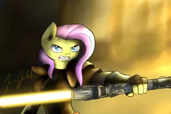 Size: 1024x683 | Tagged: anthro, artist:jamesjackobgermany, clothes, crossover, derpibooru import, flutterbadass, fluttershy, jedi, lightsaber, safe, star wars, star wars: the old republic