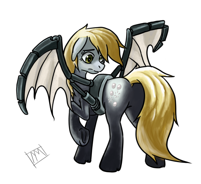 Size: 2126x1945 | Tagged: safe, artist:mysterimaan, derpibooru import, derpy hooves, cyborg, pegasus, pony, bat wings, bubble pony, female, mare, solo