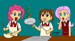 Size: 883x487 | Tagged: apron, artist:pheeph, clothes, cooking, derpibooru import, fluttershy, human, humanized, kitchen, mahou sensei negima, pinkie pie, safe, schoolgirl, school uniform, shirt, skirt, vest, yotsuba satsuki