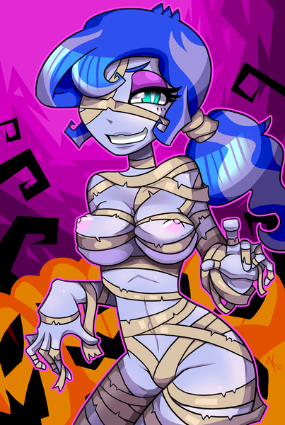 Size: 691x1030 | Tagged: dead source, questionable, artist:kaliptro, derpibooru import, princess luna, equestria girls, adorasexy, alternate hairstyle, areola, bandage, breasts, busty princess luna, clothes, costume, cute, eyeshadow, female, halloween, holiday, looking at you, makeup, mummy, nightmare night, nipples, ponytail, puffy areolas, sexy, smiling, solo, solo female, vice principal luna