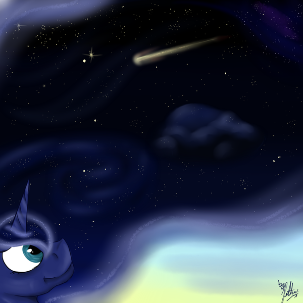 Size: 1024x1024 | Tagged: artist:missadric2, derpibooru import, princess luna, safe, shooting star, smiling, solo, space, stars