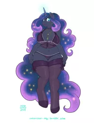 Size: 910x1200 | Tagged: anthro, artist:onnanoko, belly button, bra, breasts, busty princess luna, clothes, curvy, derpibooru import, female, frilly underwear, lingerie, panties, plump, princess luna, solo, solo female, stockings, suggestive, underwear, wide hips