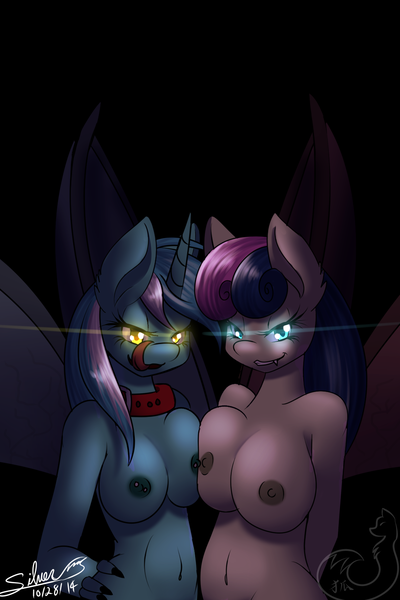 Size: 1000x1500 | Tagged: questionable, artist:silverfox057, derpibooru import, bon bon, lyra heartstrings, sweetie drops, anthro, succubus, vampire, breast squeeze, breasts, busty bon bon, collar, female, halloween, lesbian, lyrabon, nipple piercing, nipples, nudity, shipping