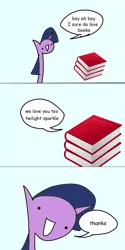 Size: 600x1200 | Tagged: artist:wollap, bibliophile, book, cargo ship, comic, :d, derpibooru import, dialogue, safe, shipping, simple background, that pony sure does love books, twibook, twilight sparkle, wat