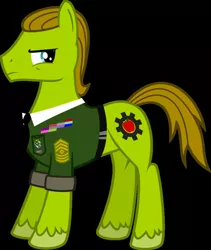 Size: 822x972 | Tagged: safe, artist:brisineo, derpibooru import, oc, oc:applesnack, oc:steelhooves, unofficial characters only, earth pony, pony, fallout equestria, fanfic, black background, colored, cutie mark, fanfic art, hooves, male, ministry of wartime technology, simple background, solo, stallion, vector