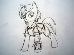 Size: 3072x2304 | Tagged: safe, artist:lachasseauxhiboux, derpibooru import, oc, oc:littlepip, unofficial characters only, pony, unicorn, fallout equestria, fanfic, black and white, clothes, fanfic art, female, grayscale, mare, monochrome, pipbuck, saddle bag, simple background, sketch, solo, traditional art, vault suit, white background