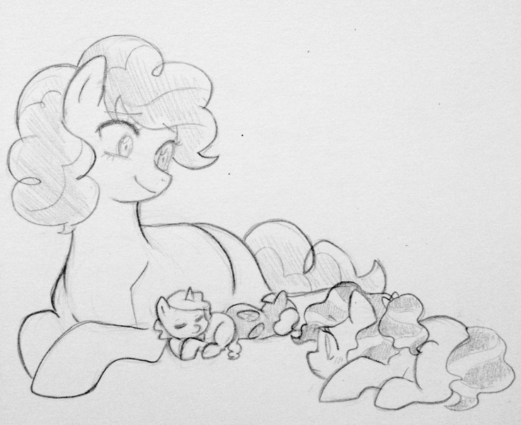 Size: 2046x1668 | Tagged: artist:kianamai, derpibooru import, kilalaverse, monochrome, mother and daughter, newborn, next generation, oc, oc:cloudy skies, oc:cotton candy, oc:sugar rush, offspring, parent:pinkie pie, parent:pokey pierce, parents:pokeypie, pencil drawing, pinkie pie, safe, sisters, traditional art