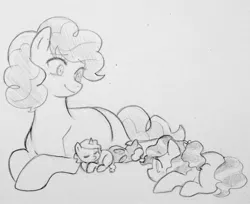 Size: 2046x1668 | Tagged: artist:kianamai, derpibooru import, kilalaverse, monochrome, mother and daughter, newborn, next generation, oc, oc:cloudy skies, oc:cotton candy, oc:sugar rush, offspring, parent:pinkie pie, parent:pokey pierce, parents:pokeypie, pencil drawing, pinkie pie, safe, sisters, traditional art