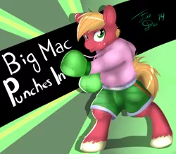 Size: 2000x1747 | Tagged: safe, artist:farewelldecency, deleted from derpibooru, derpibooru import, big macintosh, earth pony, pony, clothes, hoodie, little mac (punch out), male, middle mac, namesake, pun, punch out, shorts, solo, stallion, super smash bros.