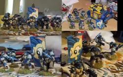 Size: 2135x1337 | Tagged: safe, artist:mystia, derpibooru import, oc, oc:milky way, unofficial characters only, pony, rhinoceros, armor, banner, bolter, citadel miniature, female, figurine, gaming miniature, mare, miniature, power armor, power sword, space marine, warhammer (game), warhammer 40k