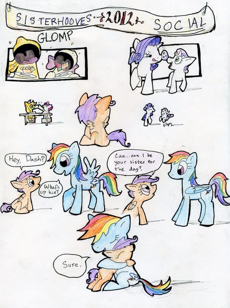 Size: 3400x4551 | Tagged: applejack, artist:kriahfox, comic, derpibooru import, rainbow dash, rarity, safe, scootaloo, scootalove, sisterhooves social, sweetie belle, traditional art