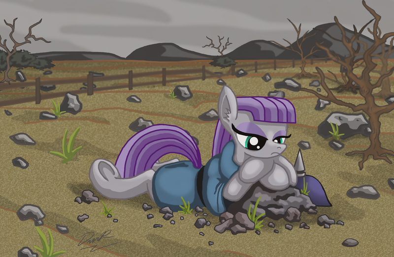 Size: 3900x2550 | Tagged: safe, artist:spot152, derpibooru import, maud pie, crossed arms, dead tree, fence, grass, helmet, lidded eyes, looking down, pickelhaube, prone, rock, rock farm, solo, tree, underhoof