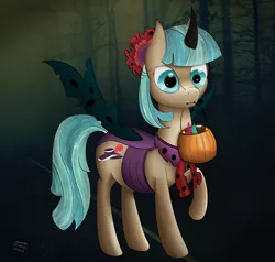 Size: 4000x3800 | Tagged: artist:iamthemanwithglasses, artist:misterjuly, candy, changeling, clothes, coco pommel, collaboration, costume, derpibooru import, mouth hold, nightmare night costume, raised hoof, safe, solo