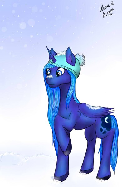 Size: 932x1432 | Tagged: artist:iwoo34enn, artist:stirren, artist:woon, derpibooru import, hat, princess luna, raised hoof, s1 luna, safe, snow, snowfall, solo