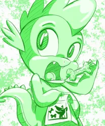 Size: 800x968 | Tagged: safe, artist:lunchie, derpibooru import, spike, dragon, equestria girls, rainbow rocks, bag, dog treat, doggy bag, eating, guilty pleasure, monochrome, open mouth, screenshots, shine like rainbows, solo