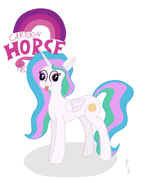 Size: 1024x1289 | Tagged: safe, artist:thejakevale, derpibooru import, princess celestia, cartoon horse program, :p, :t, derp, hey you, majestic as fuck, missing accessory, poo brain, queen, queen celestia, queen horseytime, silly, smiling, solo, tongue out