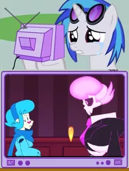 Size: 564x748 | Tagged: artist:mysteryben, clothes, derpibooru import, exploitable meme, ghost, glasses, human, lewis, meme, mystery skulls, non-mlp oc, obligatory pony, oc, sad, safe, skeleton, sweater, tv meme, vinyl scratch, vivi, youtube link