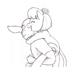 Size: 1006x873 | Tagged: safe, artist:i am nude, derpibooru import, coco pommel, oc, oc:anon, human, pony, /mlp/, blushing, carrying, cute, hair ornament, happy, holding a pony, piggyback ride, ponies riding humans, smiling