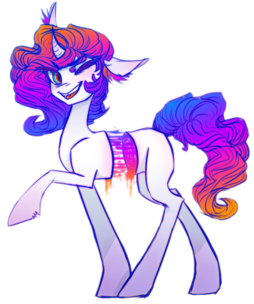 Size: 731x873 | Tagged: safe, artist:sorrowatthename, derpibooru import, oc, oc:vivid visions, unofficial characters only, goo, pony, unicorn, blank flank, bright, candy gore, female, gore, half, hallucination, mare, modular, neon, shiny