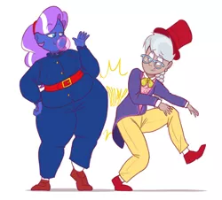 Size: 870x787 | Tagged: artist:secretgoombaman12345, ask chubby diamond, blueberry inflation, butt bump, butt to butt, butt touch, chubby, clothes, costume, derpibooru import, diamondberry tiara, diamond tiara, fat, human, humanized, safe, silver spoon, violet beauregarde, willy wonka