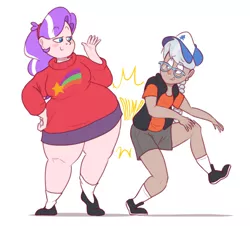 Size: 870x787 | Tagged: artist:secretgoombaman12345, ask chubby diamond, butt bump, butt to butt, butt touch, chubby, clothes, costume, derpibooru import, diamond tiara, dipper pines, fat, gravity falls, human, humanized, mabel pines, safe, silver spoon