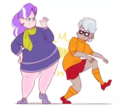 Size: 870x787 | Tagged: artist:secretgoombaman12345, ask chubby diamond, butt bump, butt to butt, butt touch, chubby, clothes, costume, daphne blake, derpibooru import, diamond tiara, fat, human, humanized, safe, scooby doo, silver spoon, velma dinkley