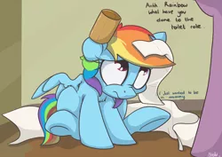 Size: 900x636 | Tagged: dead source, safe, artist:mistydash, derpibooru import, rainbow dash, pegasus, pony, behaving like a cat, chest fluff, cute, dashabetes, dialogue, female, filly, grammatical error, looking up, mummy, nose wrinkle, sitting, toilet paper, underhoof