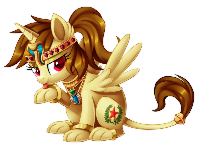 Size: 2000x1481 | Tagged: safe, artist:centchi, derpibooru import, oc, oc:katya ironstead, unofficial characters only, alicorn, original species, sphinx, alicorn oc, bedroom eyes, colored, commission, crown, cute, female, jewelry, licking, necklace, nightmare night, ocbetes, paws, simple background, solo, species swap, sphinx oc, sphinxified, tongue out, transparent background