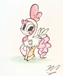 Size: 2004x2425 | Tagged: safe, artist:pelate, derpibooru import, pinkie pie, animal costume, chicken pie, chicken suit, clothes, costume, solo, tongue out, traditional art