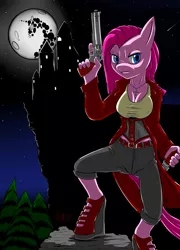 Size: 3129x4340 | Tagged: absurd resolution, anthro, artist:fiercewendigo, badass, castle, clothes, crossover, derpibooru import, dual wield, full moon, gun, knife, mare in the moon, moon, night, pinkamena diane pie, pinkie pie, revolver, safe, solo, trigger discipline, van helsing, weapon