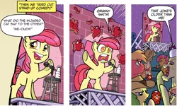 Size: 940x565 | Tagged: safe, derpibooru import, edit, idw, apple bloom, babs seed, big macintosh, granny smith, earth pony, pony, friends forever, spoiler:comic, spoiler:comicff2, apple, apple bloom's bad joke, exploitable meme, image macro, male, meme, microphone, stage, stallion, stand-up comedy, stool, water bottle