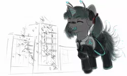 Size: 1144x692 | Tagged: safe, artist:alloyrabbit, derpibooru import, oc, oc:orchid, unofficial characters only, kaiju, kaiju pony, pony, city, clothes, crossover, destruction, eyes closed, giant pony, hatsune miku, headset, macro, necktie, open mouth, singing, sketch, smiling, solo