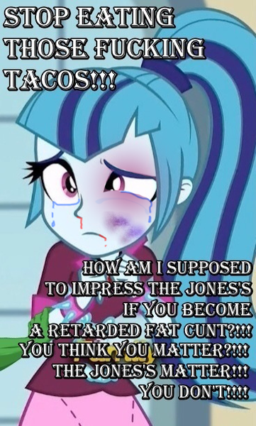 Size: 368x611 | Tagged: semi-grimdark, derpibooru import, edit, sonata dusk, equestria girls, rainbow rocks, abuse, abuse edit, black eye, blood, bruised, domestic abuse, downvote bait, edgy, eqg abuse edits, female, image macro, meme, sonatabuse, the jones's, vulgar