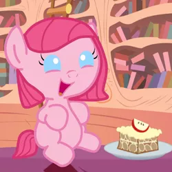 Size: 800x800 | Tagged: safe, artist:jolteongirl, derpibooru import, pinkie pie, pony, apple, baby, baby pie, baby pony, cake, cute, cuteamena, diapinkes, filly, filly pinkie pie, golden oaks library, pinkamena diane pie, solo