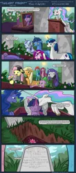 Size: 2496x5690 | Tagged: safe, artist:seventozen, derpibooru import, applejack, fluttershy, night light, pinkie pie, princess cadance, princess celestia, princess luna, rainbow dash, rarity, shining armor, spike, twilight sparkle, twilight sparkle (alicorn), twilight velvet, alicorn, pony, comic:twilight fright, comic, feels, female, funeral, gravestone, mare, mortality blues, pinkamena diane pie