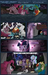 Size: 2490x3860 | Tagged: semi-grimdark, artist:seventozen, derpibooru import, applejack, fluttershy, pinkie pie, princess celestia, princess luna, rainbow dash, rarity, spike, twilight sparkle, twilight sparkle (alicorn), alicorn, pony, comic:twilight fright, comic, female, high res, mane seven, mane six, mare, prank, toilet paper