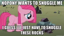 Size: 1280x720 | Tagged: source needed, useless source url, safe, derpibooru import, screencap, pinkie pie, earth pony, pony, bronybait, cute, diapinkes, female, filly, image macro, imma snuggle you, meme, pinkamena diane pie, rock, rock farm, sad