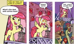 Size: 940x565 | Tagged: safe, derpibooru import, edit, idw, apple bloom, babs seed, big macintosh, granny smith, earth pony, pony, friends forever, spoiler:comic, spoiler:comicff2, airline, apple bloom's bad joke, exploitable meme, male, stallion, stand-up comedy, stock joke, tomato, tomatoes